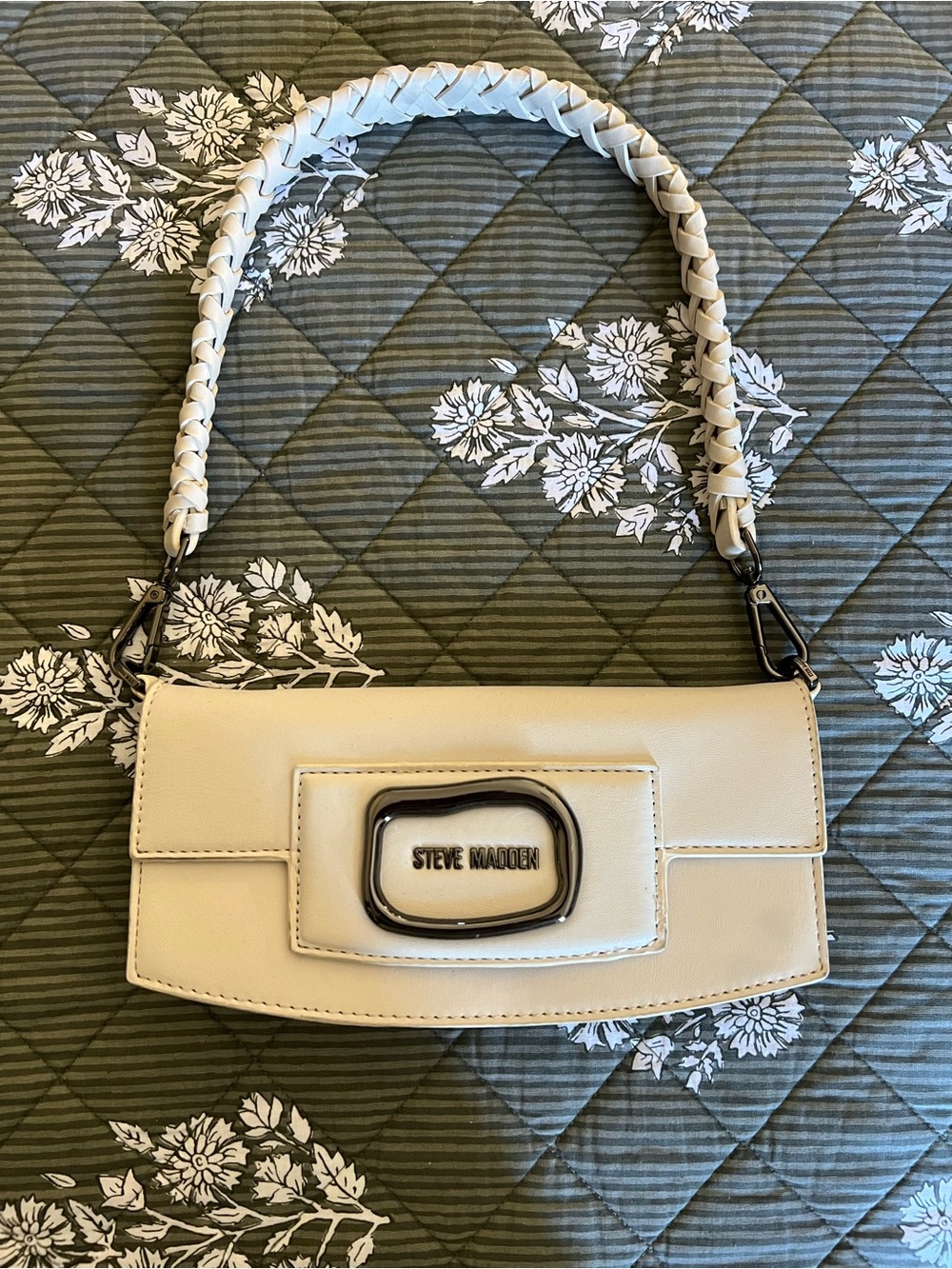 Steve Madden Cream Braided-Handle Shoulder Bag with Logo Plate
